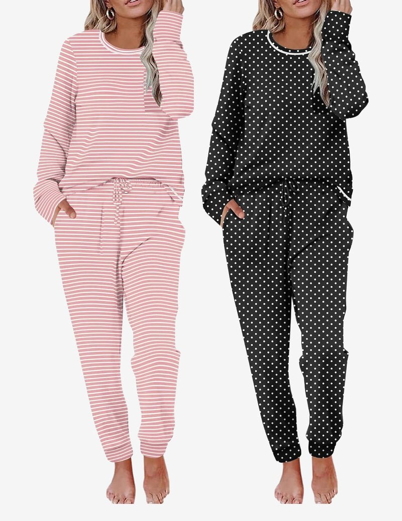 2 Pack long-sleeve lounge set: blush stripe and black polka-dot joggers with drawstring