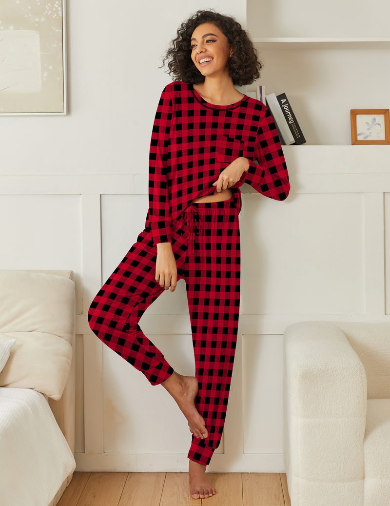 2-pack long sleeve pajama set in red-and-black buffalo plaid, long top and pants