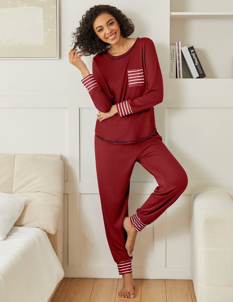 2-pack long sleeve pajama set, deep red top and pants with white striped cuffs
