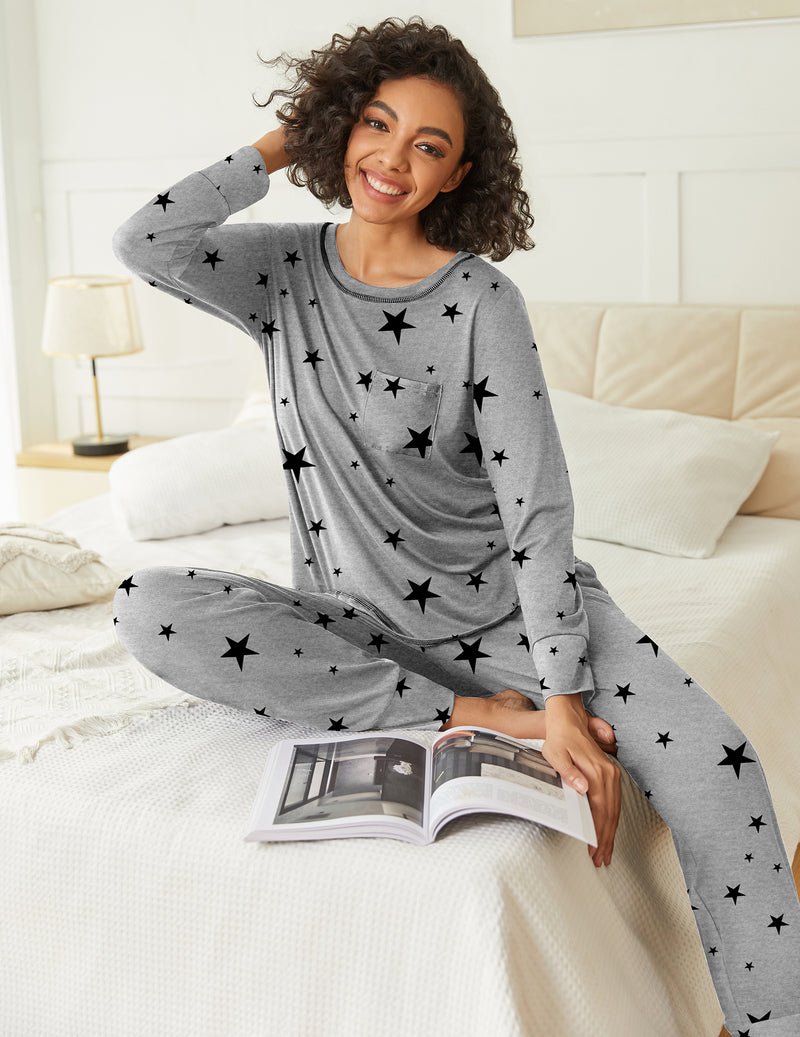 2-pack pajama set: gray pajama set with black star pattern, long sleeves and pants