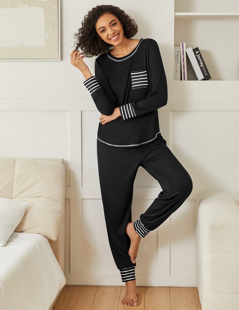 2-pack pajama set: black long-sleeve lounge set with contrast striped cuffs and neckline trim