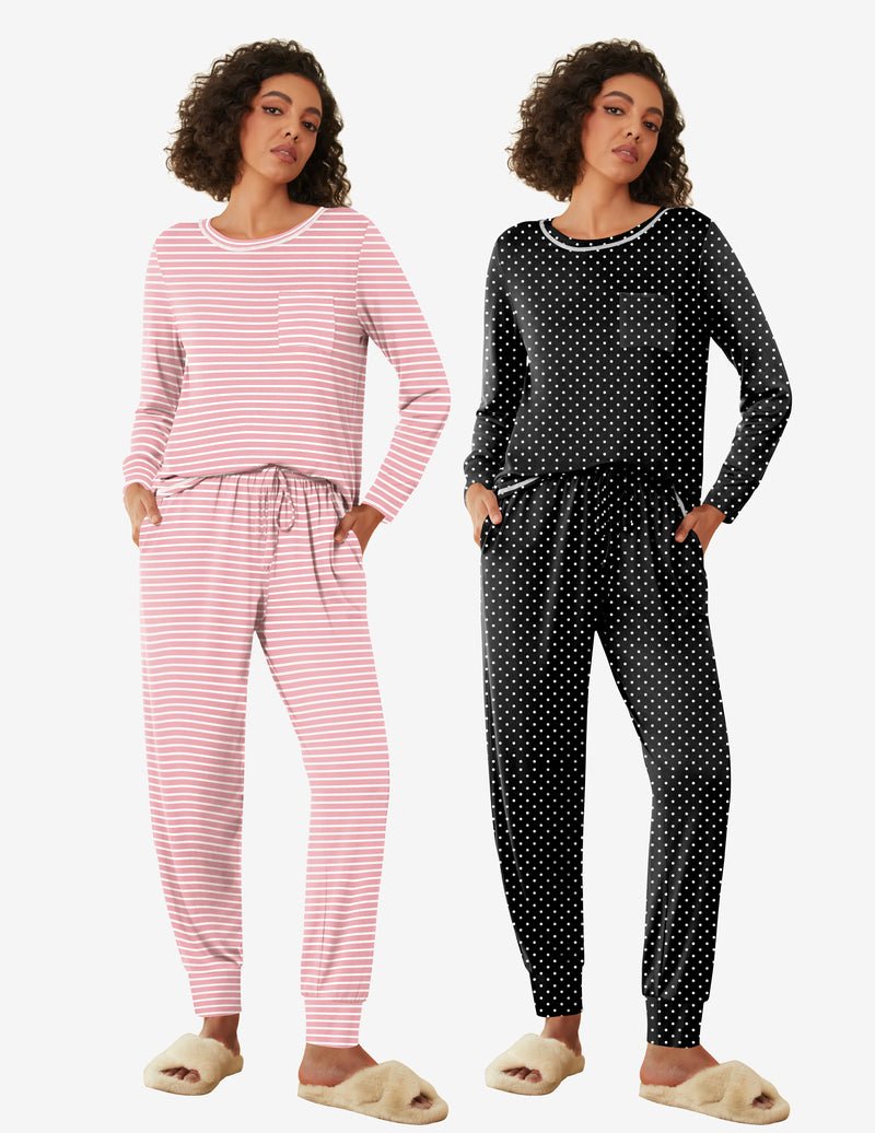 2 pack pajama sets, pink striped and black with white polka-dot long-sleeve lounge