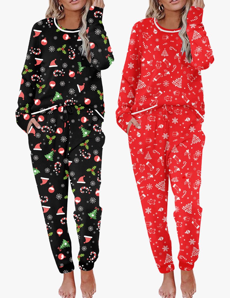 Holiday pajama sets 2-pack: black with multicolor print and red with white holiday print