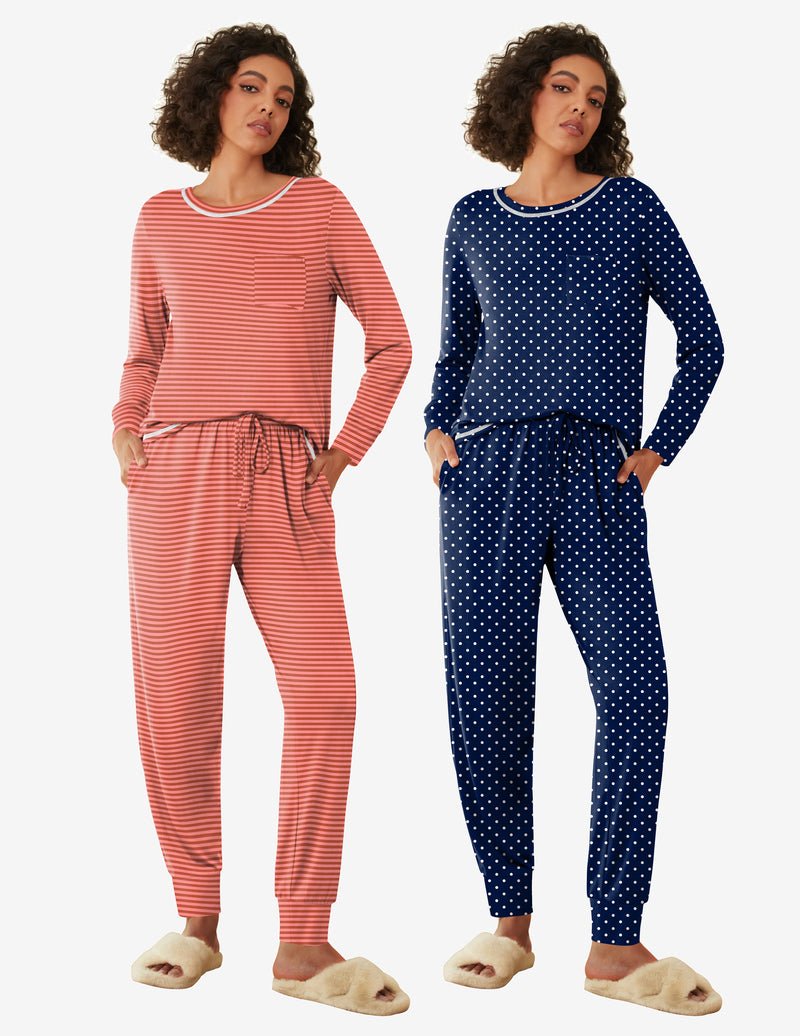 2 pack pajama sets, red striped and navy star-dotted long-sleeve lounge pants