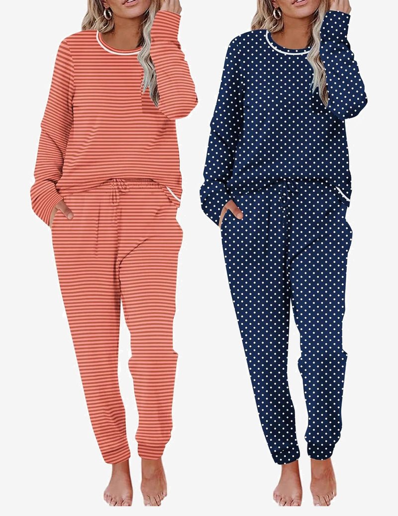 2 Pack long-sleeve lounge set: coral and navy striped/polka joggers with drawstring waist