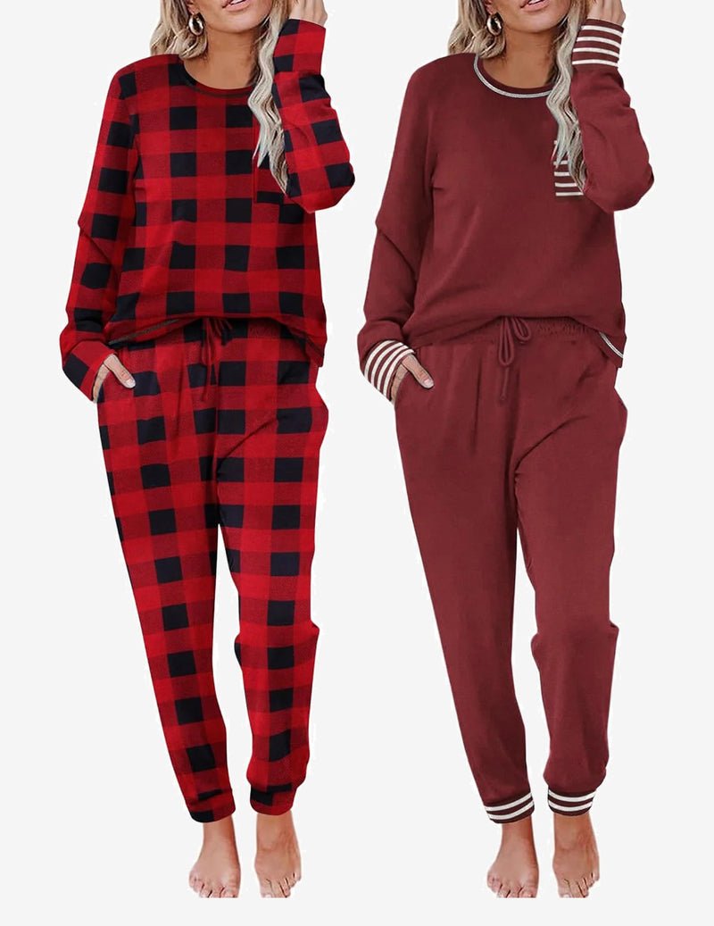 2 Pack long-sleeve lounge set: red/black buffalo plaid and deep red solid joggers