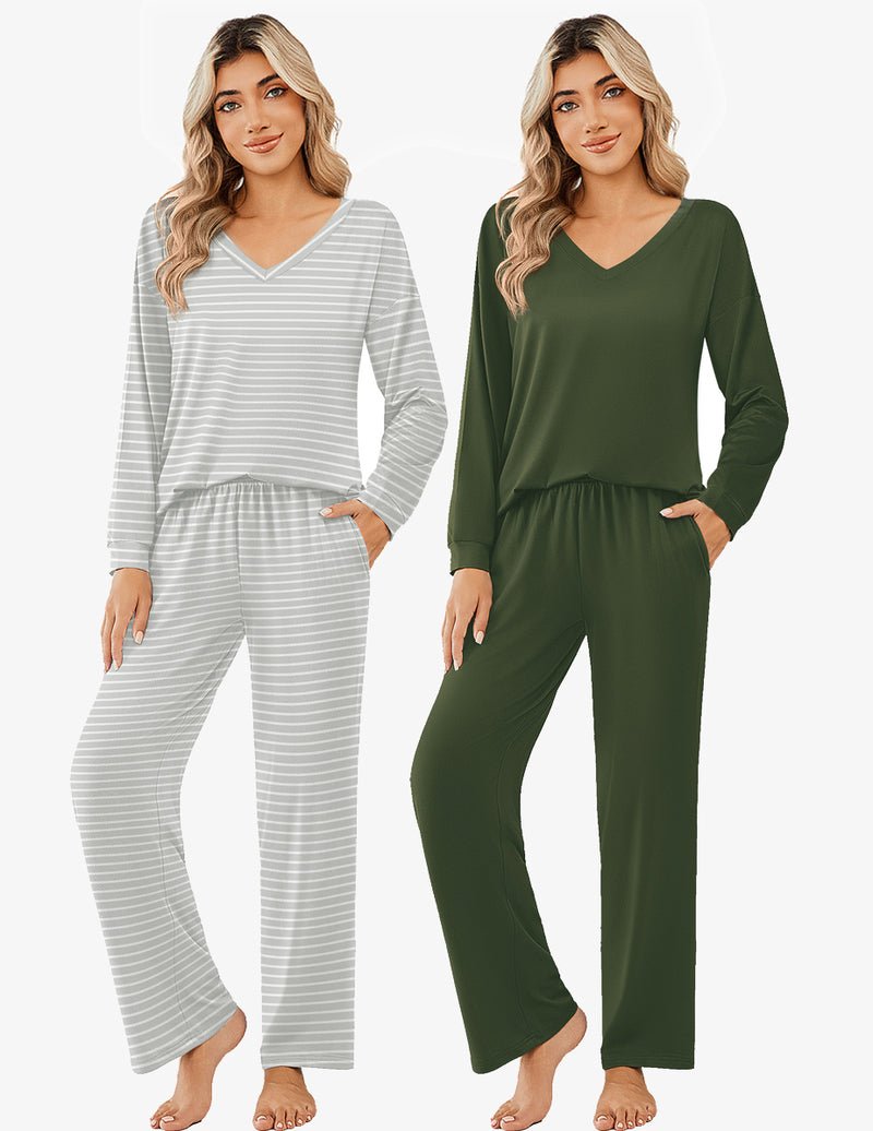 Long-sleeve pajama set: light gray striped & deep green V-neck tops with wide-leg pants