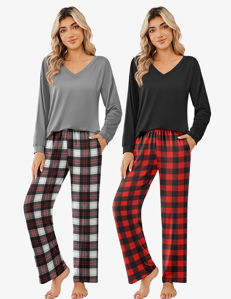 Gray and black long-sleeve V-neck pajama tops with plaid pajama pants, 2-pack