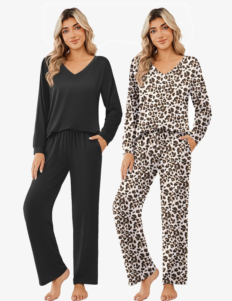 2-pack pajama set: solid black long-sleeve V-neck + leopard print long-sleeve set, matching pants
