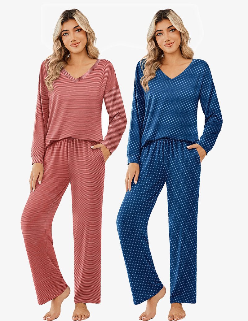 Long-sleeve pajama set: dusty rose & navy dotted V-neck tops with wide-leg pants