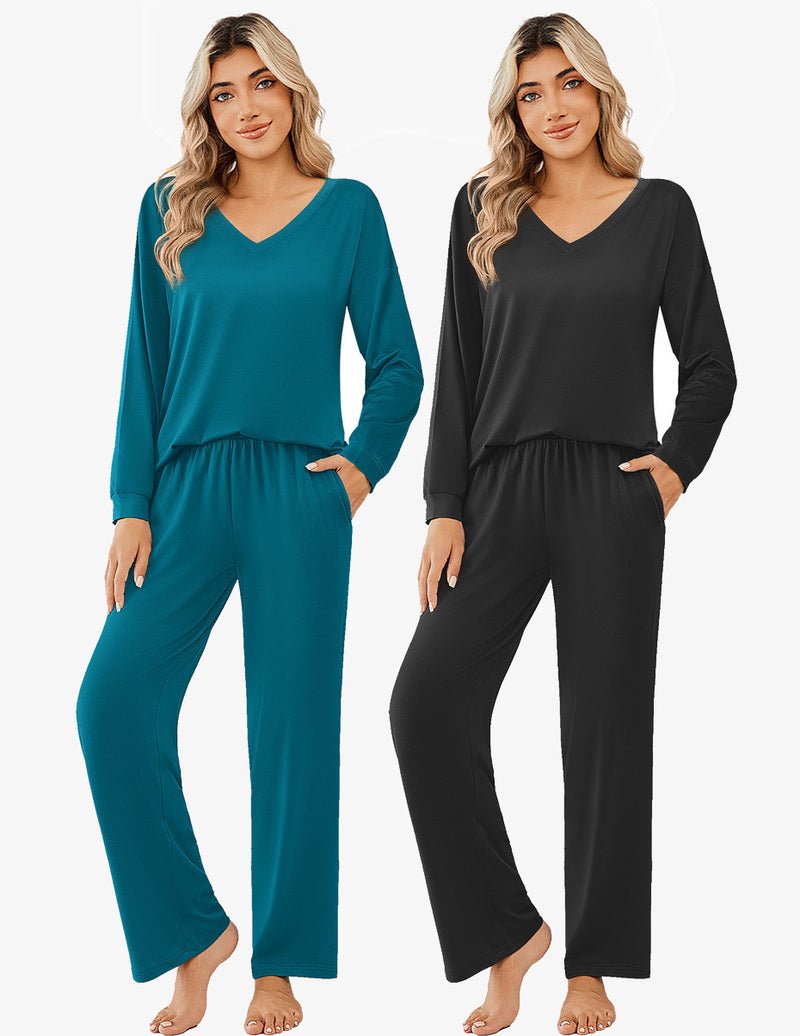 Long-sleeve pajama set: teal & black V-neck tops with matching wide-leg pants