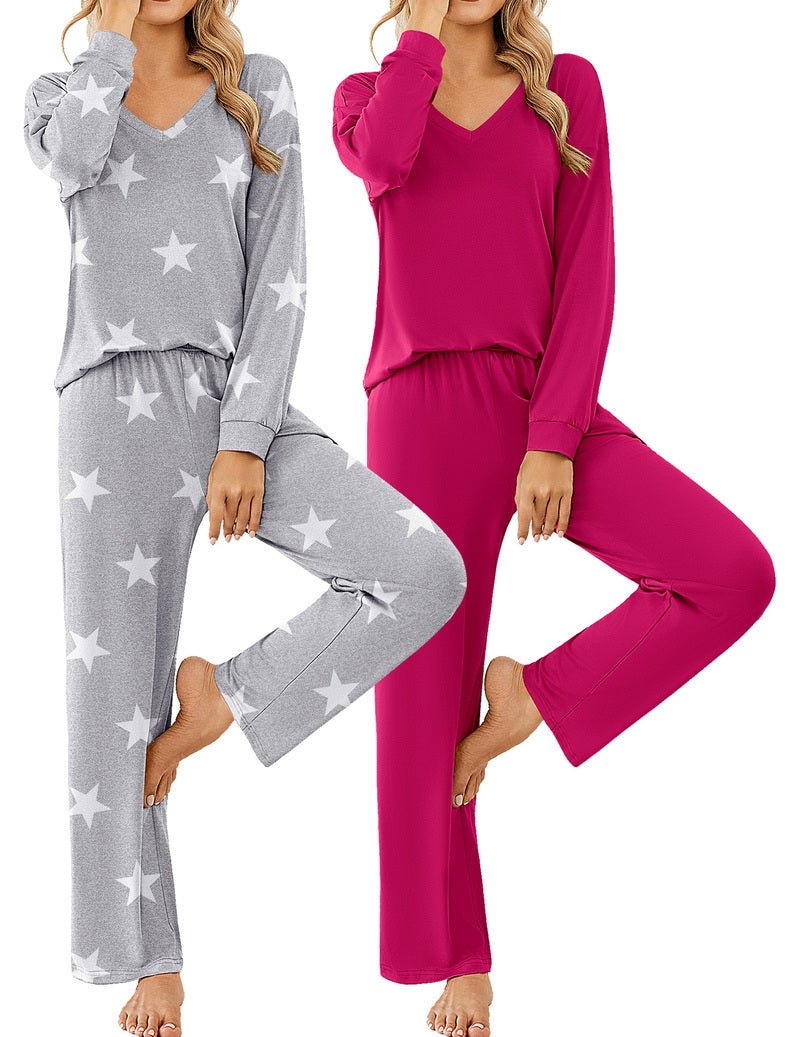 Long-sleeve pajama set: gray star print & fuchsia V-neck tops with wide-leg pants
