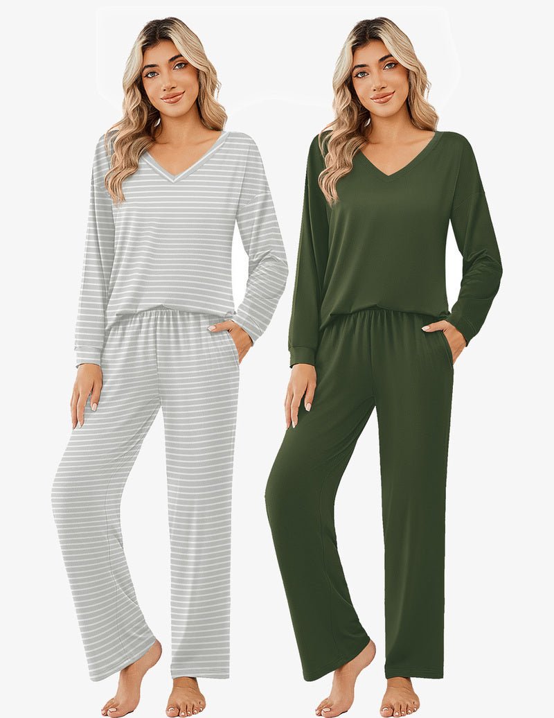 Long-sleeve pajama set: light gray striped & olive V-neck tops with wide-leg pants