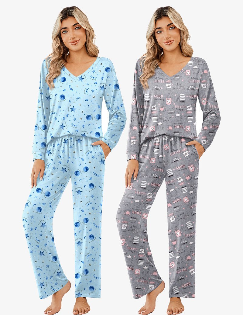 Long-sleeve pajama set: light blue allover stars & dark gray coffee icons, V-neck pants