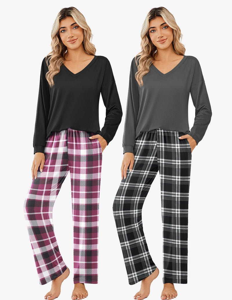 Black and dark gray long-sleeve V-neck pajama tops with burgundy-and-white plaid pants