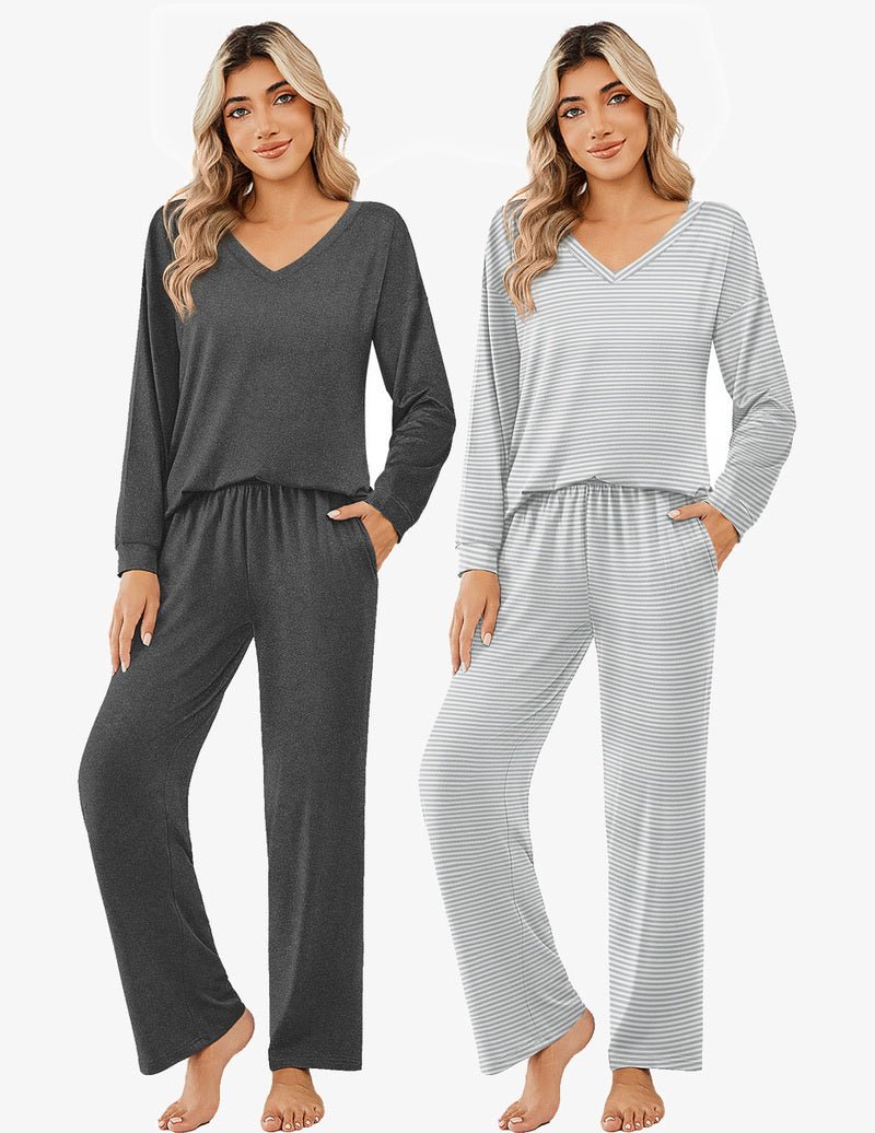 Long-sleeve pajama set: charcoal solid & light gray striped V-neck tops, wide-leg pants