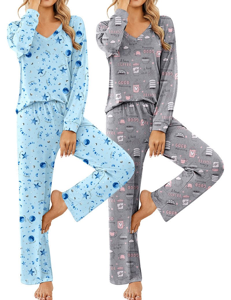 Long-sleeve pajama set: light blue star print & dark gray coffee-print V-neck tops