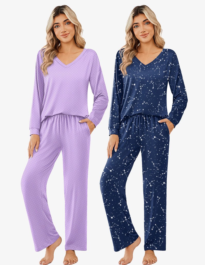 Purple and navy star print long-sleeve pajama sets with V-neck tops and ankle pants