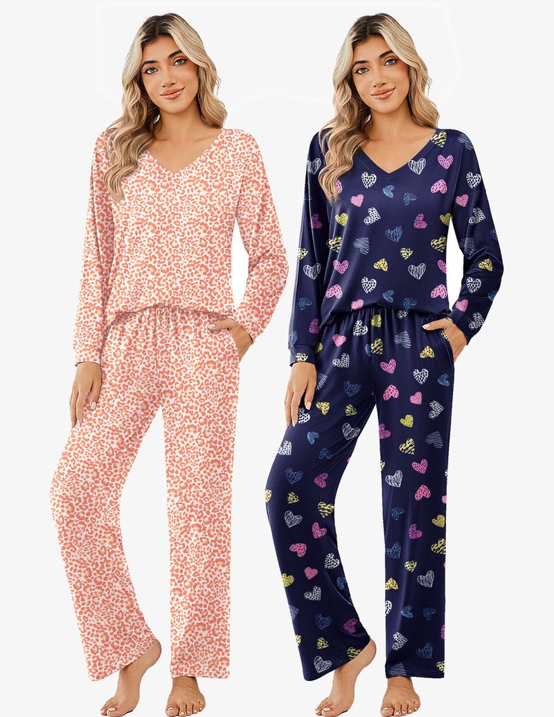 Long-sleeve pajama set: pink leopard print & navy heart-print V-neck tops with pants