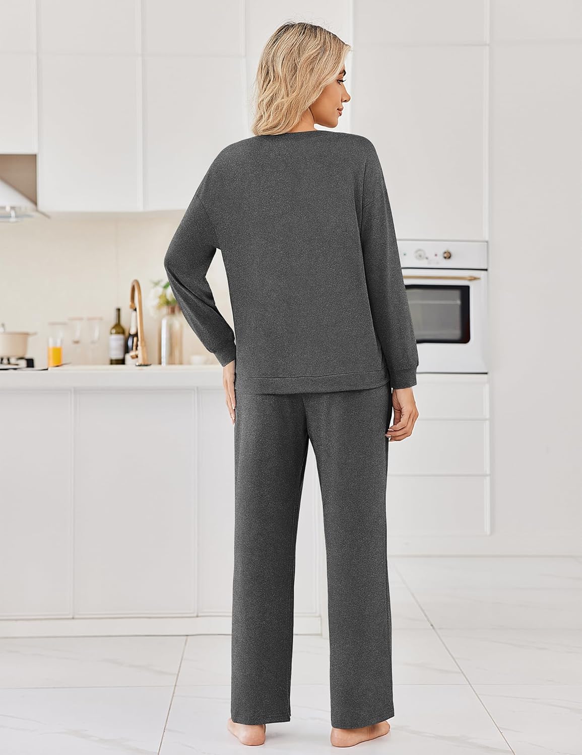 Dark gray long-sleeve pajama top and straight pants, back view