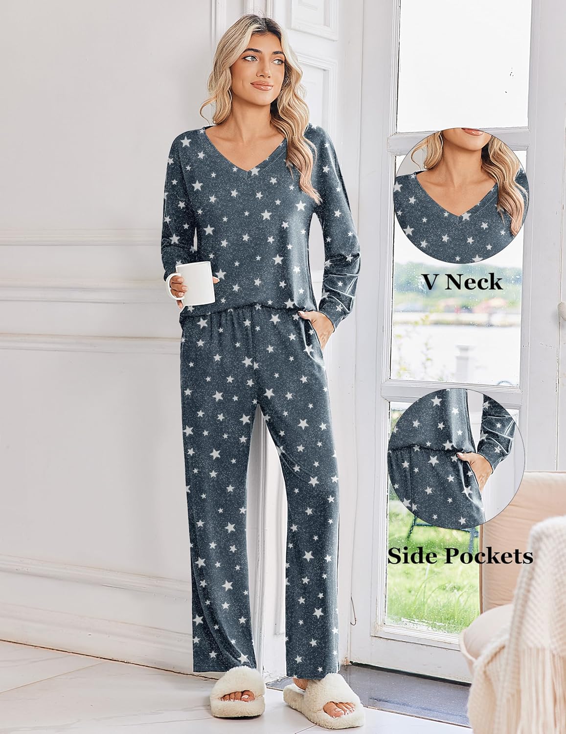 Charcoal star-print V-neck long-sleeve pajama set with side pockets and pants