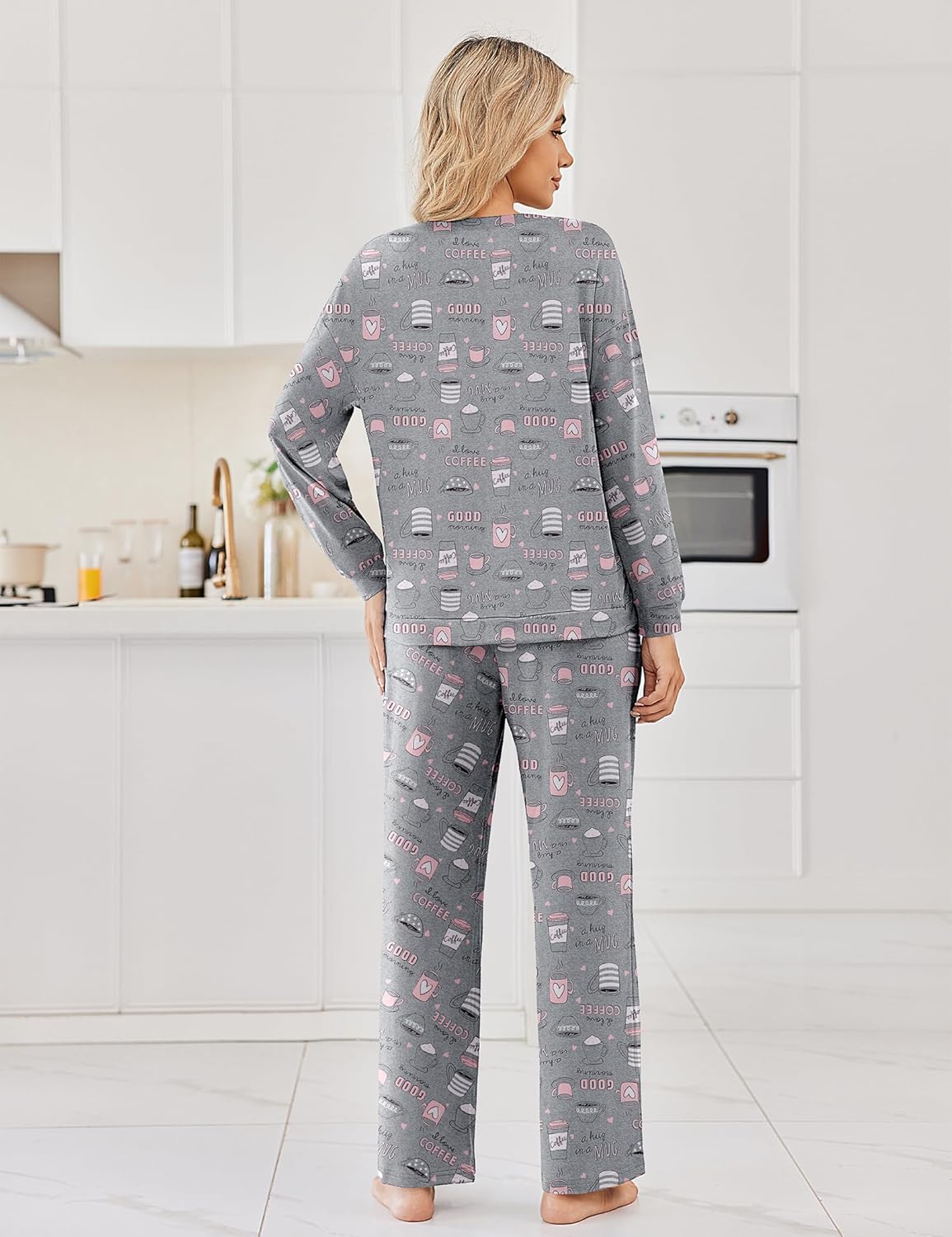 Dark gray coffee-themed print pajama set: long-sleeve top with long pants