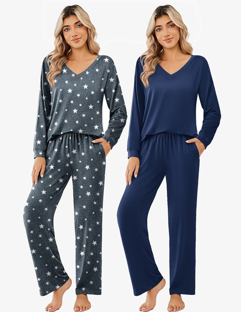 2 Schlafanzug-Sets: grau mit weißen Sternen & navy V-Ausschnitt, lange Ärmel und Hose