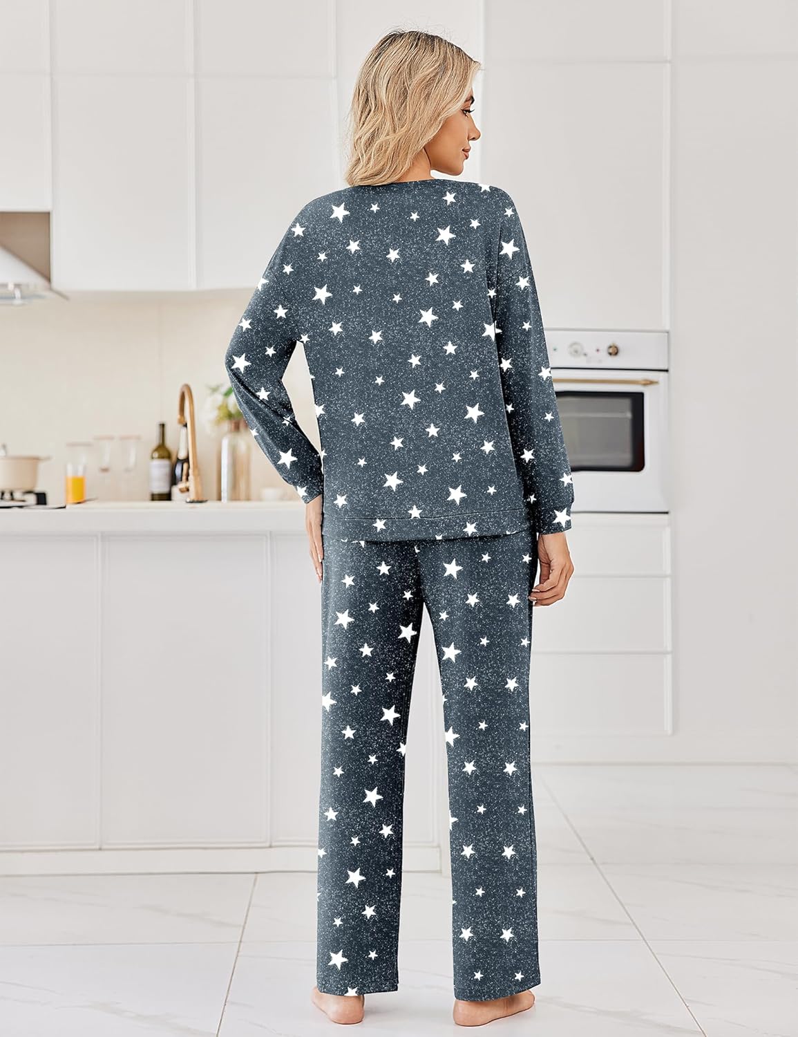 Navy star print long-sleeve pajama set with matching pants, relaxed fit