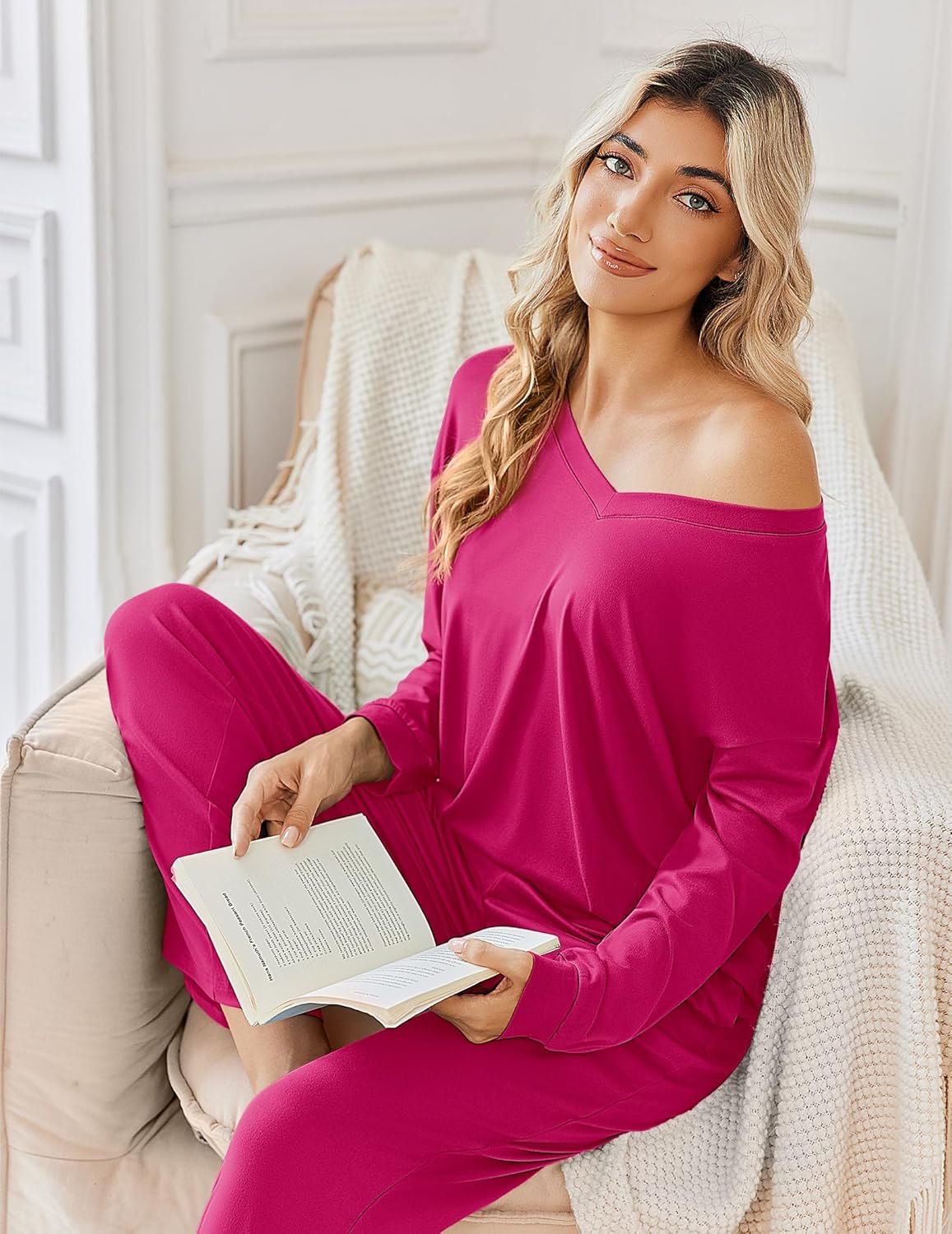 Magenta long-sleeve pajama top with long pants set