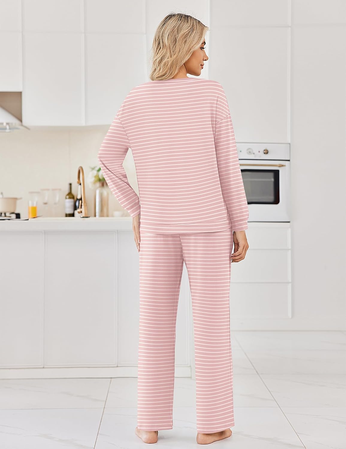 Pink striped long-sleeve pajama set with matching wide-leg pants, back view