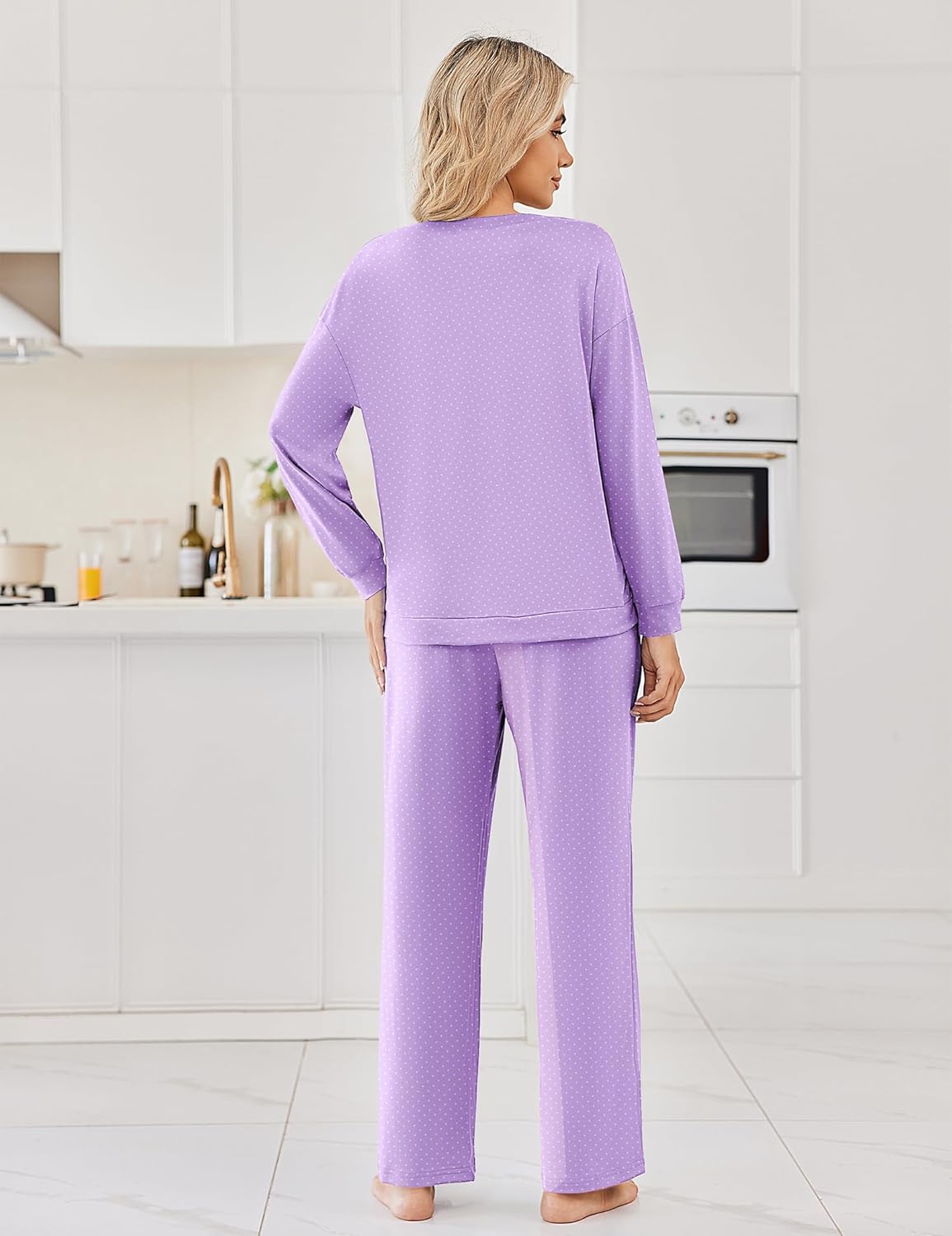 Lilac dotted long-sleeve pajama top and pants, back view