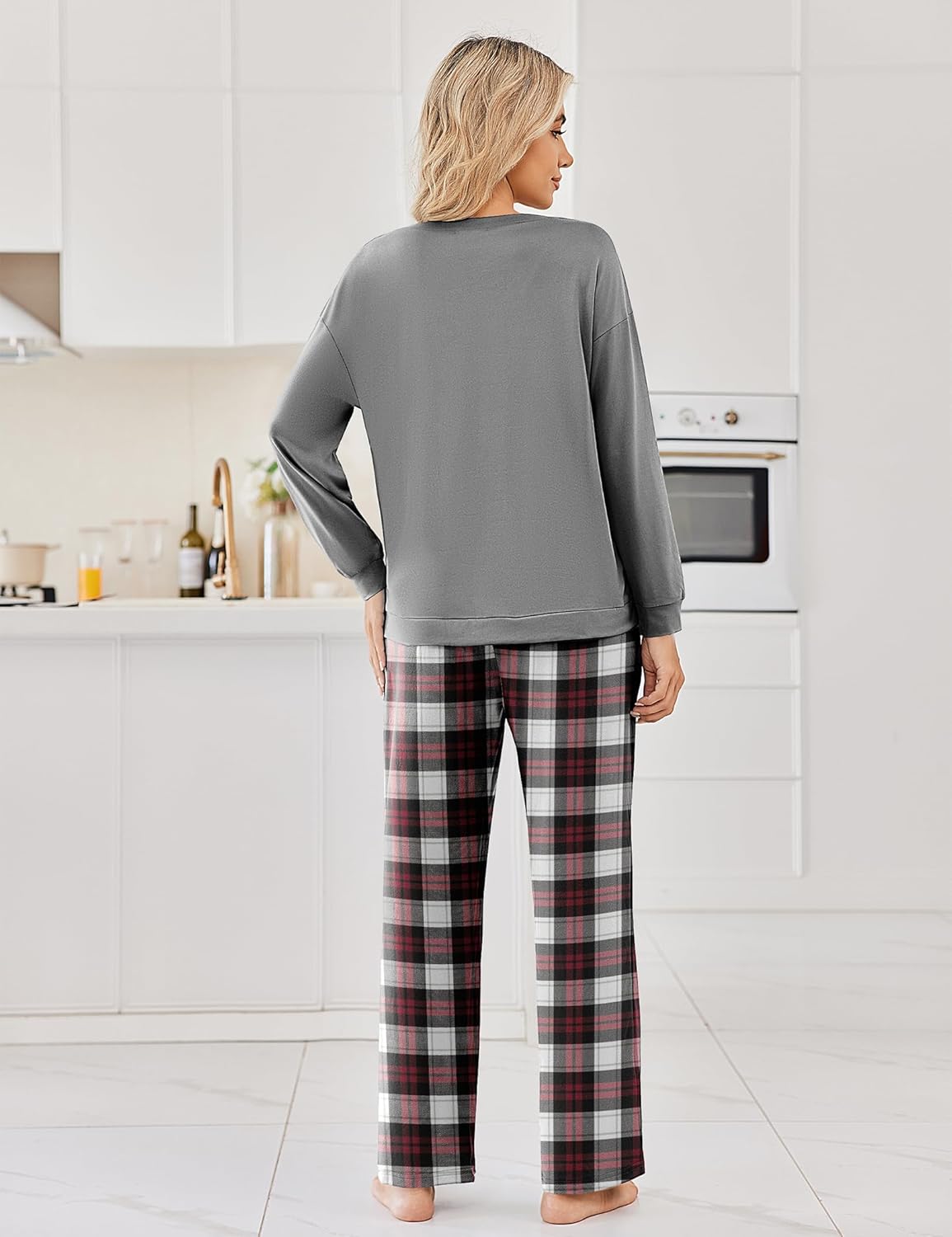 Gray long-sleeve pajama top with red-and-black plaid wide-leg long pants