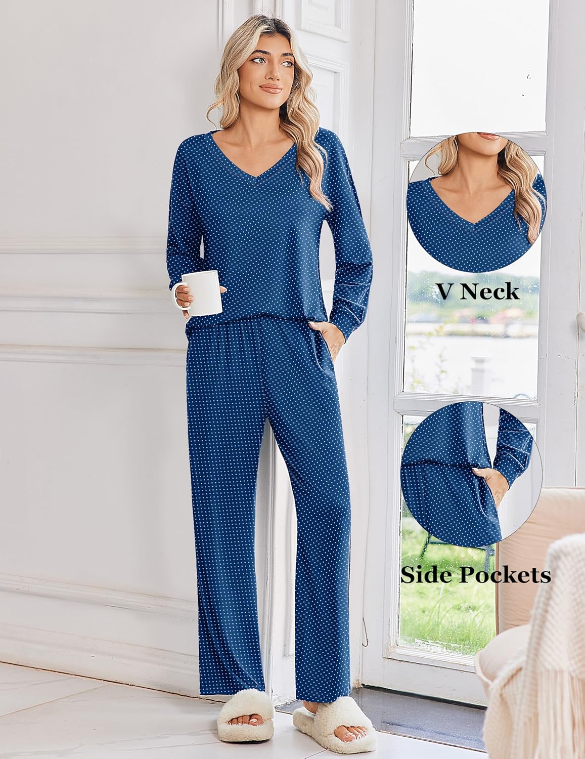 Schlafanzug-Set navy gepunktet, V-Ausschnitt und seitliche Taschen, lange Ärmel und Hose