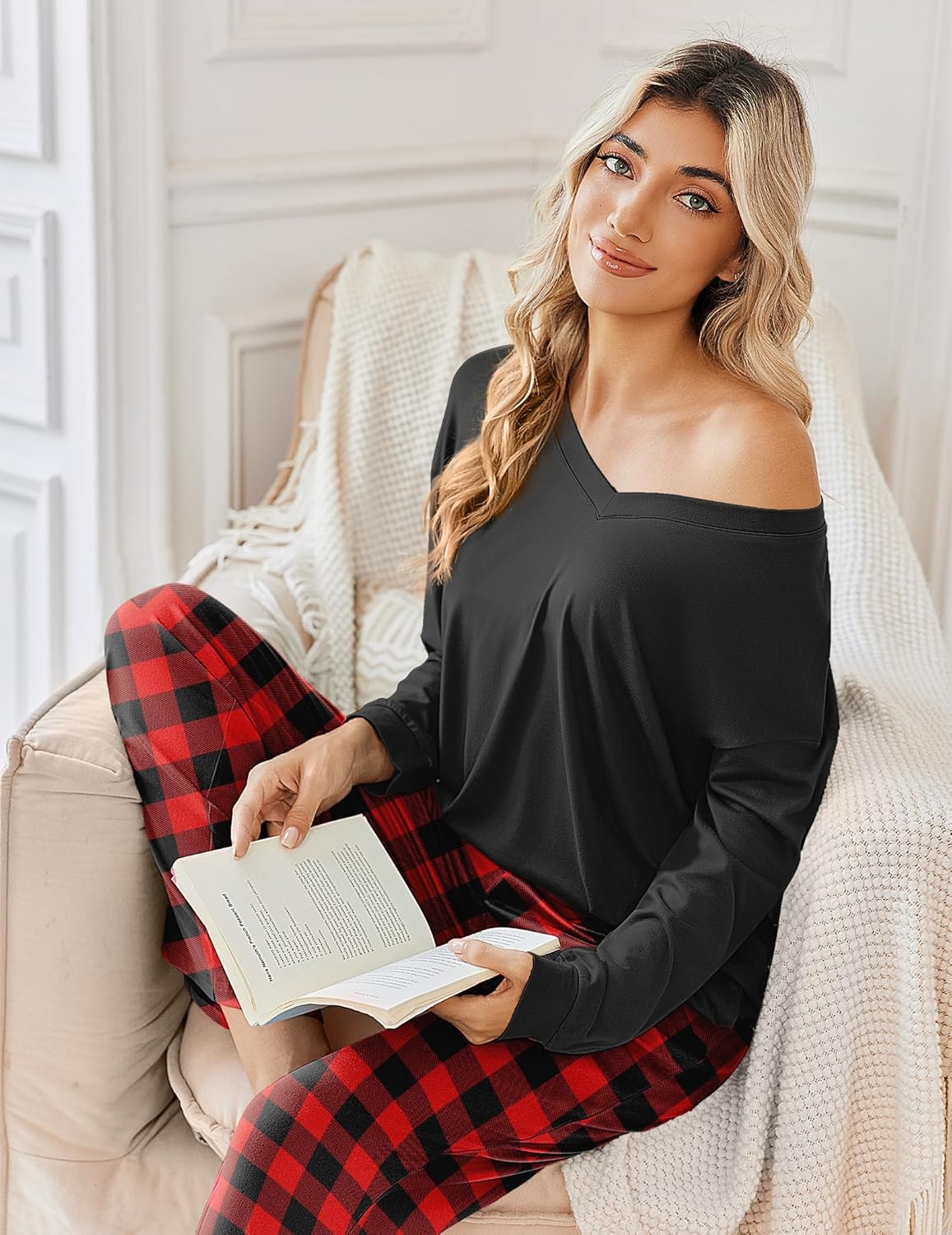 Black long-sleeve pajama top with red-and-black plaid long pants set