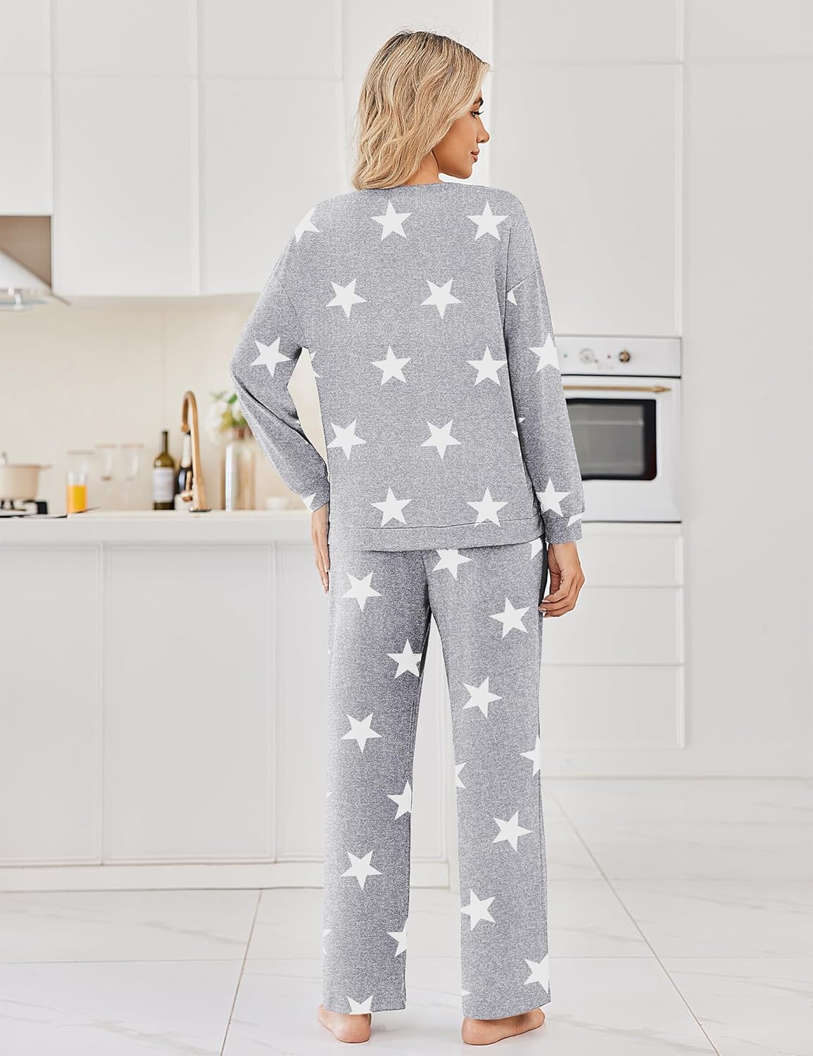 Gray star print pajama set: long-sleeve top and wide-leg long pants