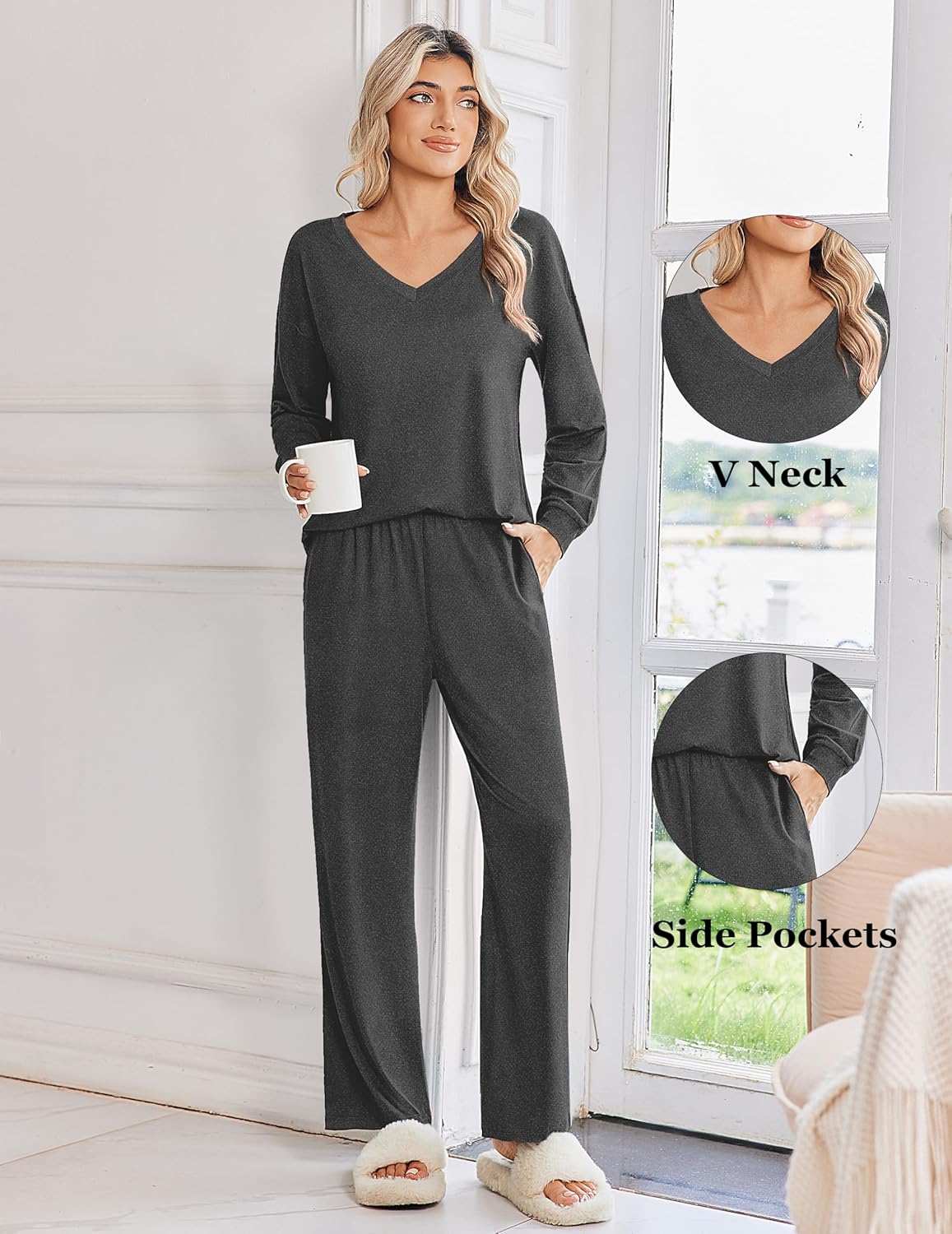Dark gray V-neck long-sleeve pajama set with side pockets and flared pants