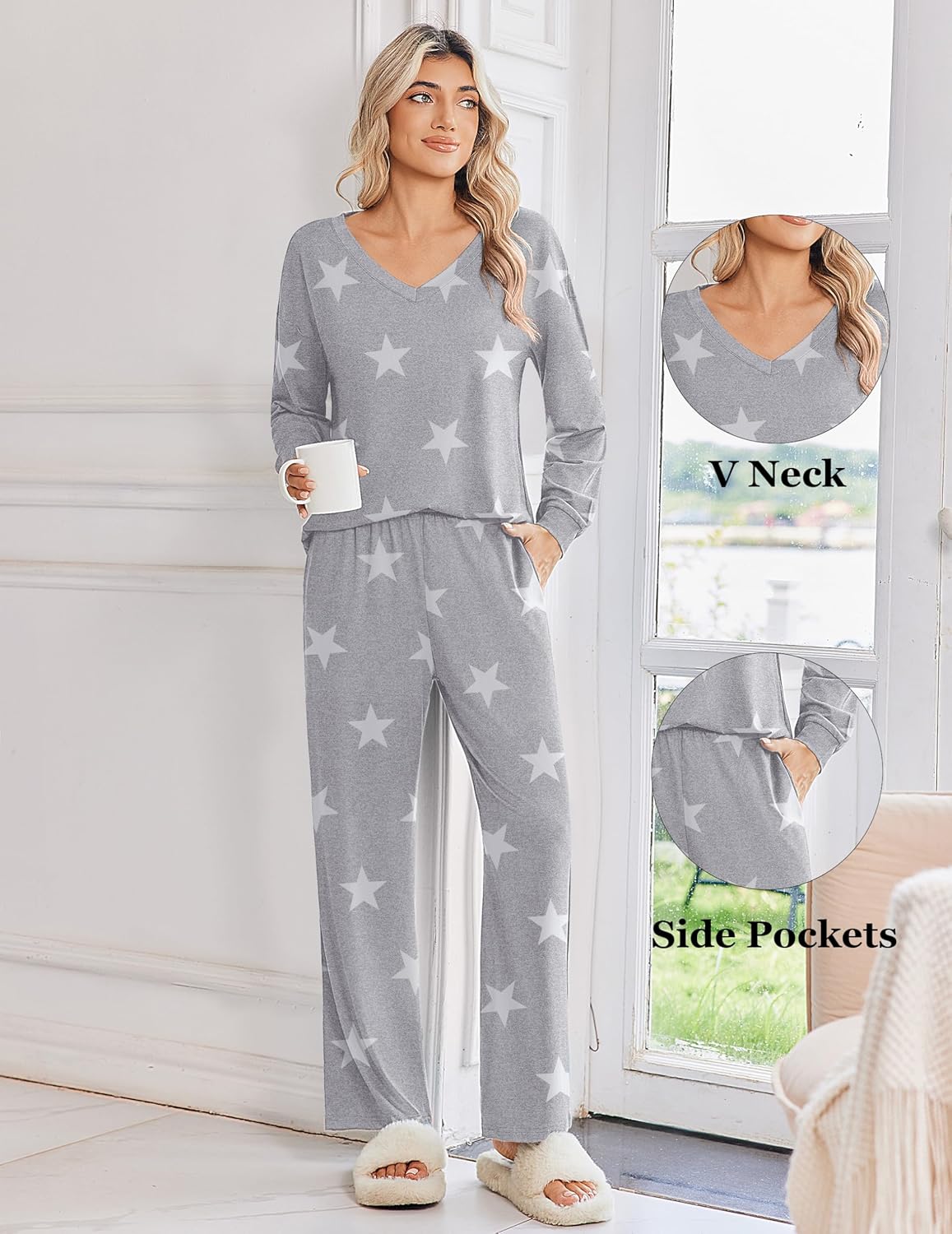 Gray star print long-sleeve pajama V-neck top with matching long pants