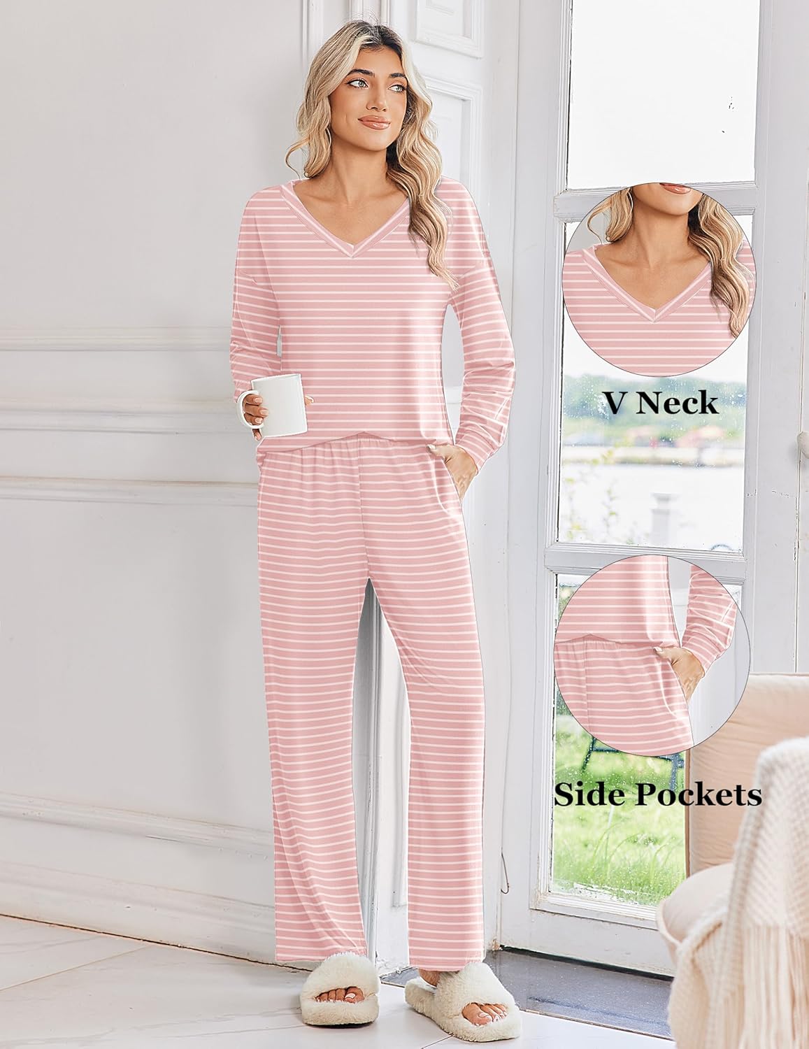 Pink striped V-neck long-sleeve pajama set with matching wide-leg pants