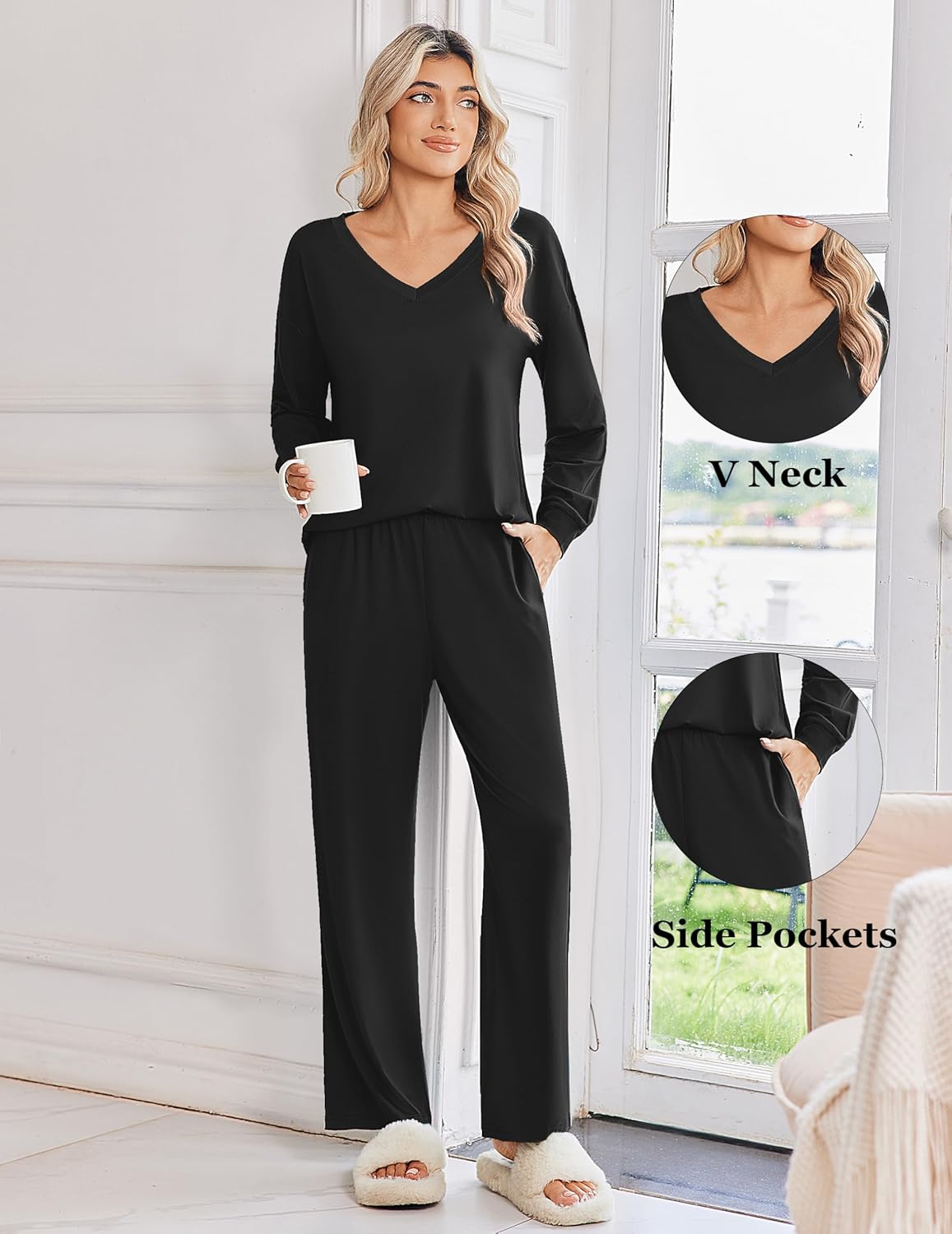 Black V-neck long-sleeve pajama set with matching wide-leg pants
