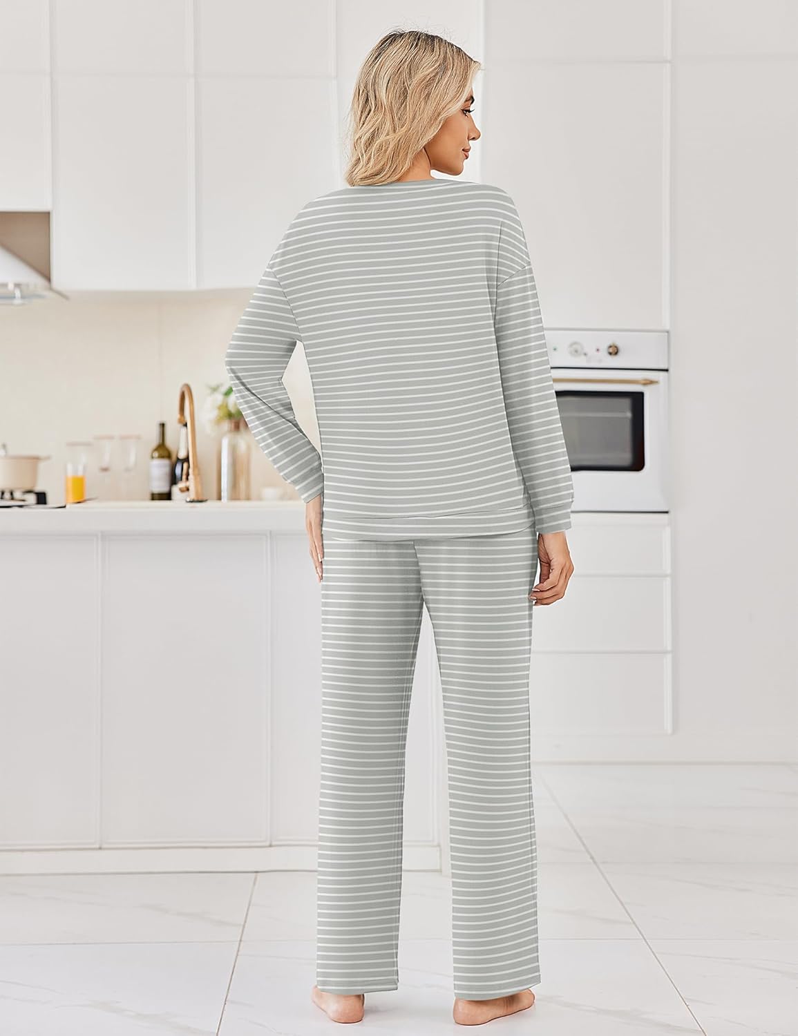 Gray striped long-sleeve pajama set with matching wide-leg pants, back view