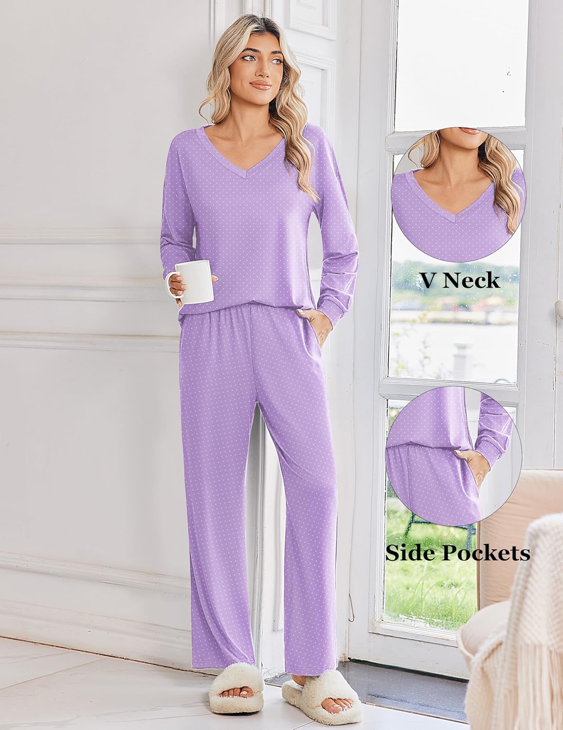 Lilac dotted long-sleeve pajama set with V-neck top and flowing pants