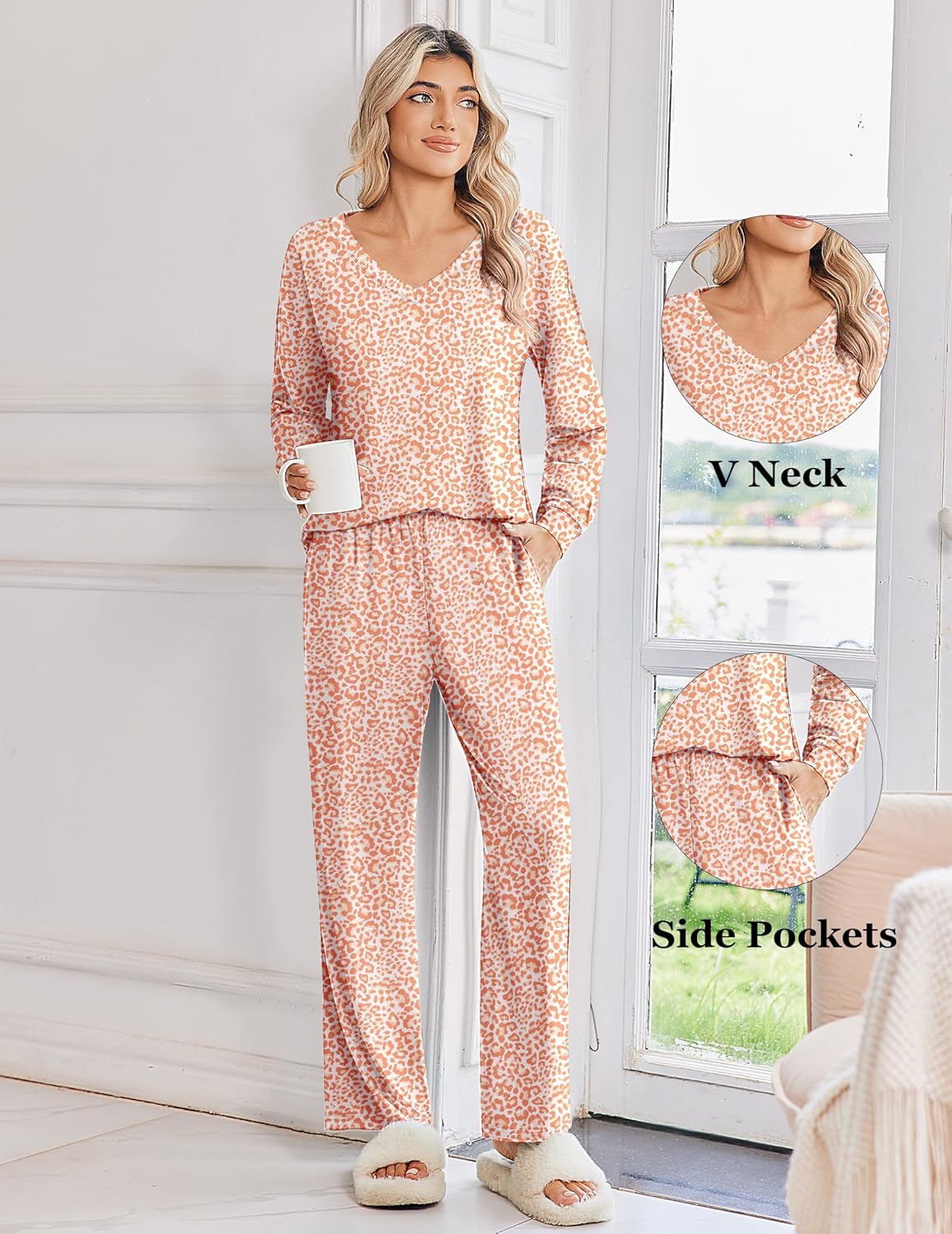 Schlafanzug-Set mit V-Ausschnitt, apricot Leomuster, lange Ärmel und lange Hose