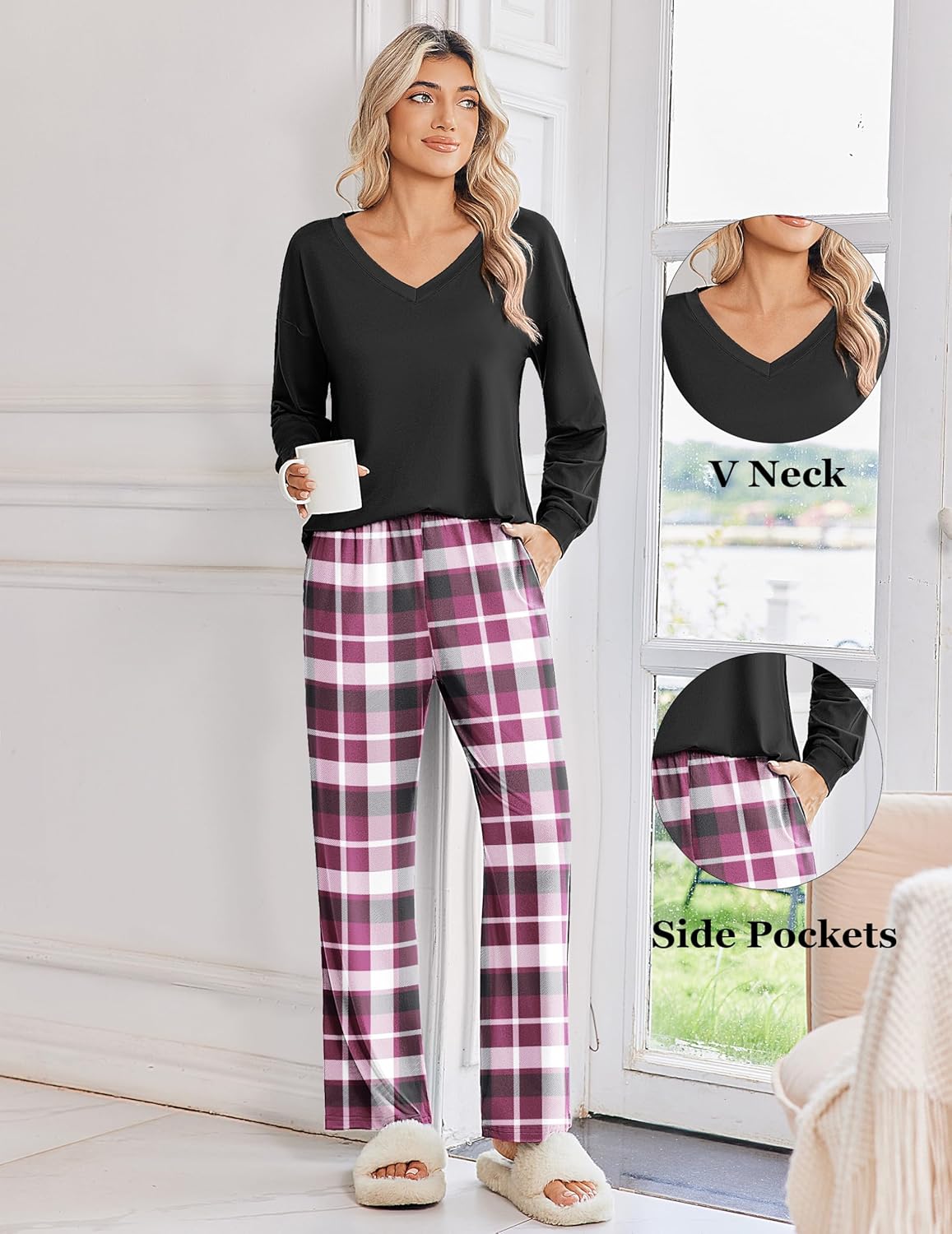 Black long-sleeve V-neck pajama top with burgundy-and-white plaid wide-leg pants