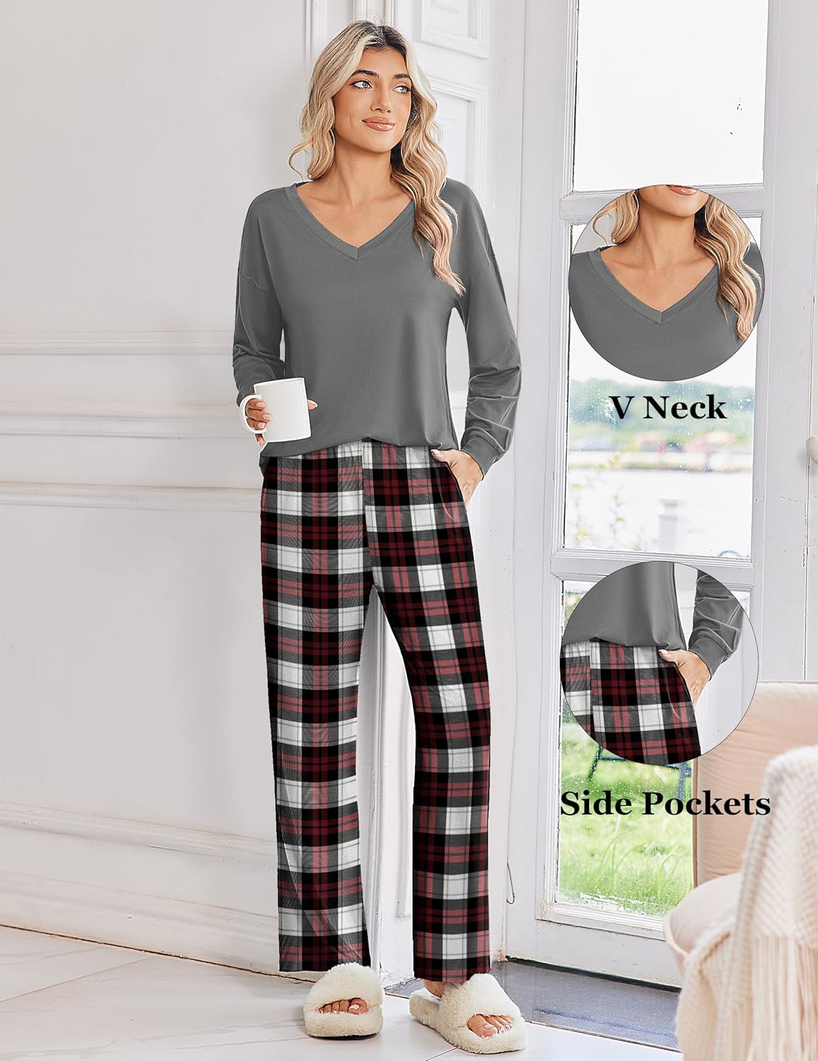 Gray V-neck pajama top with red-and-black plaid long pants set