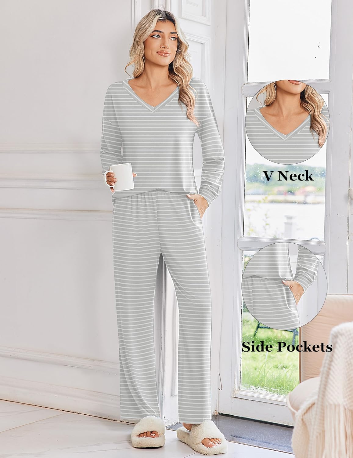 Gray striped V-neck long-sleeve pajama set with matching wide-leg pants