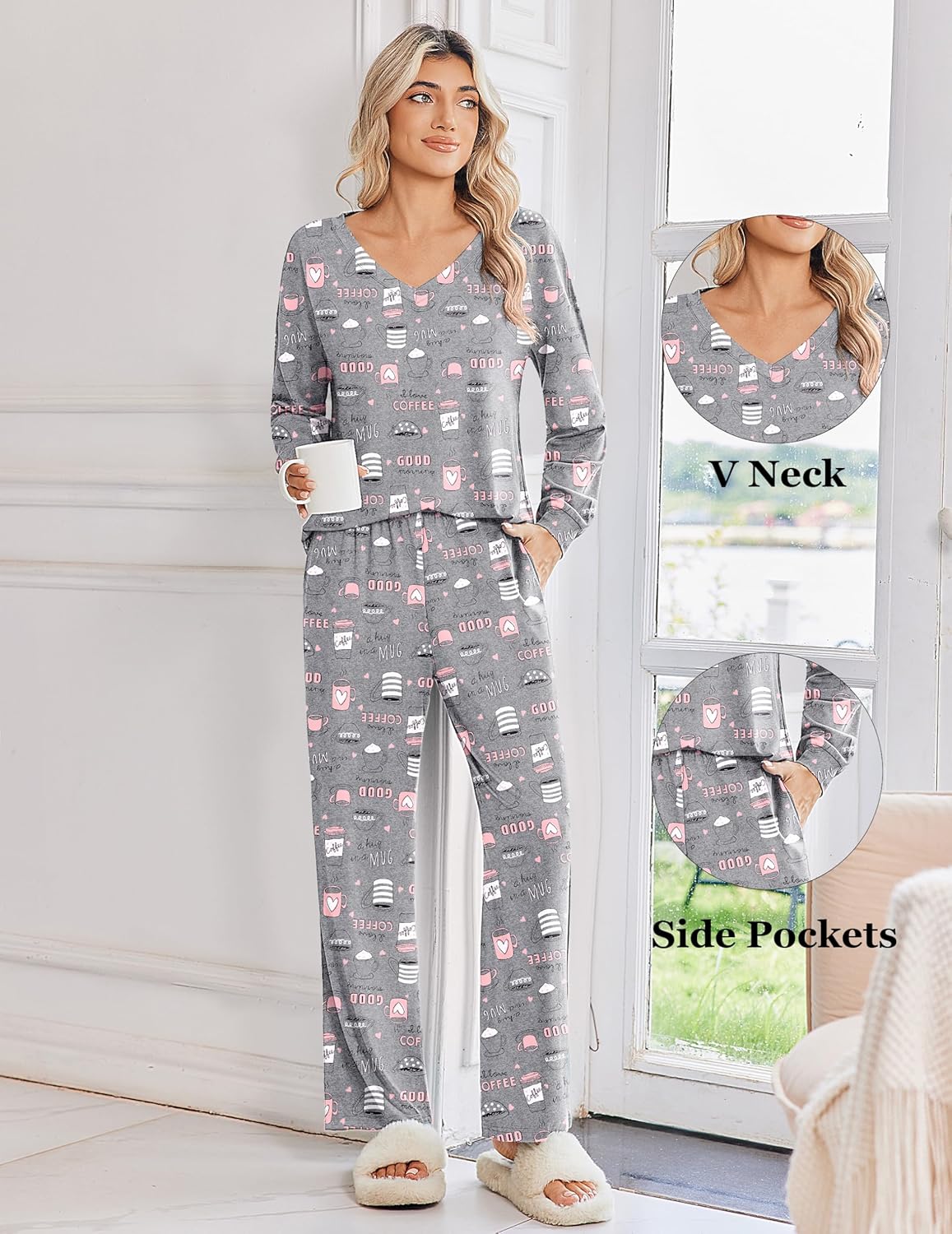 Dark gray coffee-themed print long-sleeve pajama top and matching long pants