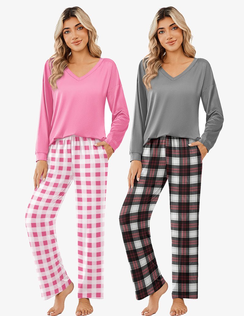 Pink and gray long-sleeve V-neck pajama tops with plaid pajama pants