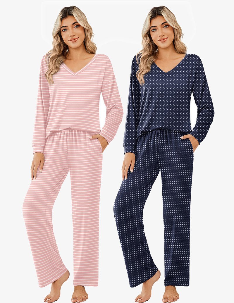 2-pack pajama set: pink striped V-neck top + navy dot long-sleeve set with matching pants
