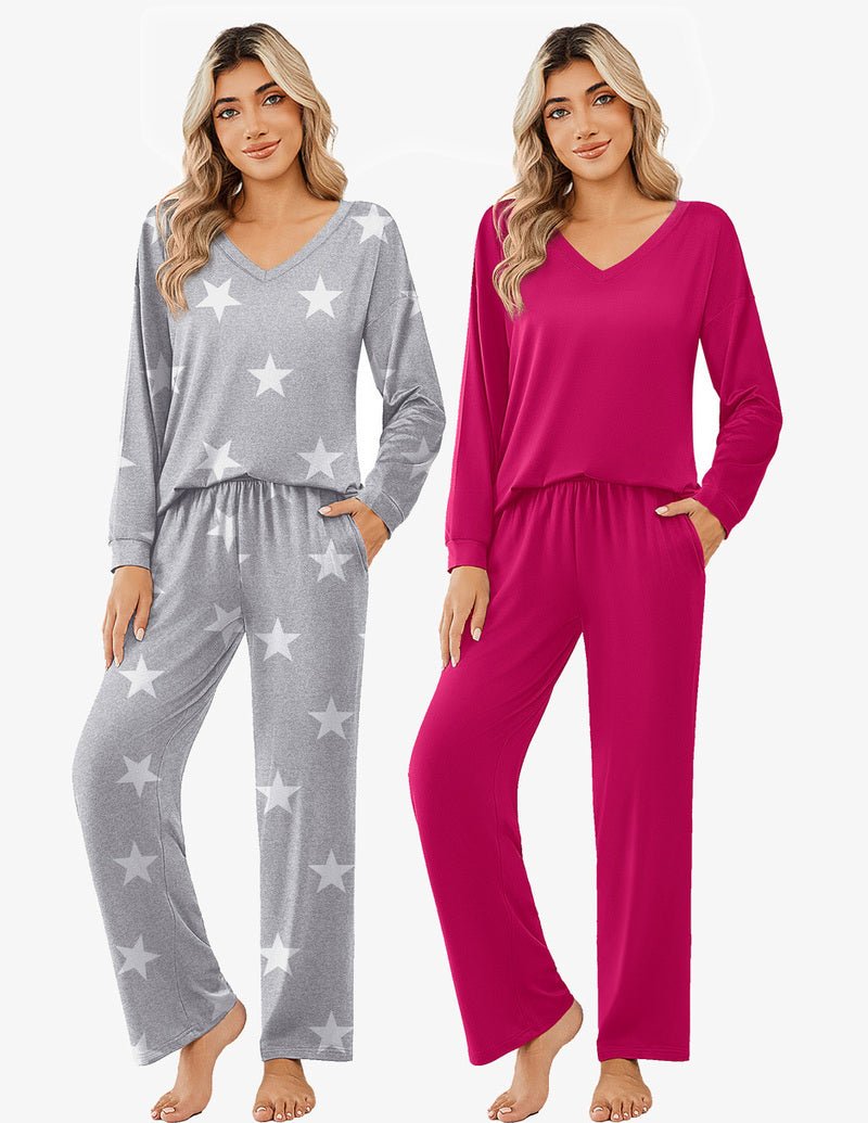 Long-sleeve pajama set: gray star print & magenta V-neck tops with wide-leg pants