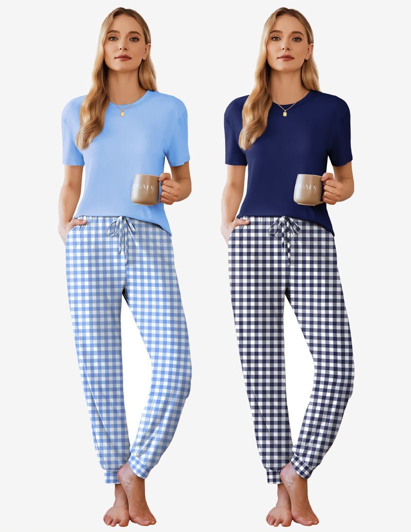 2-pack pajama set: light blue and navy short-sleeve tops with plaid drawstring pants